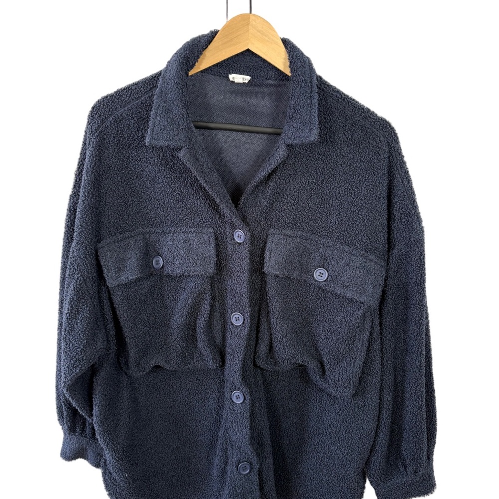 El Crème Navy Sherpa Button Front Shirt Jacket Teddy Shacket S